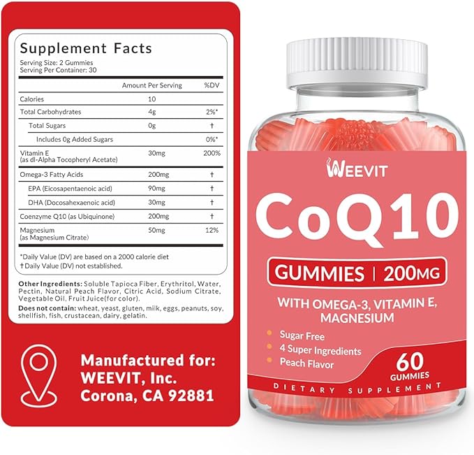 Sugar Free CoQ10 Gummies 200 MG Coenzyme Q10 (Ubiquinone) Gummies for Adults Co Q10 Supplement with Omega-3 Magnesium Energy Brain Support