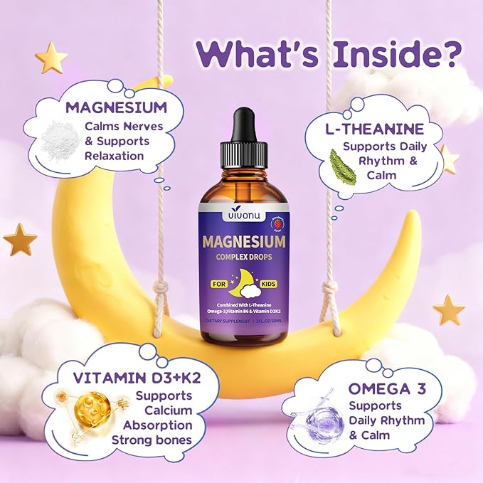 VivoNu Magnesium Drops for Kids Magnesium Glycinate Liquid for Children's Supplement with Vitamin D3 K2 B12 &amp B6 Omega 3L-theanineLemon Balm for SleepRelaxationCalmFocus Strawberry Flavor