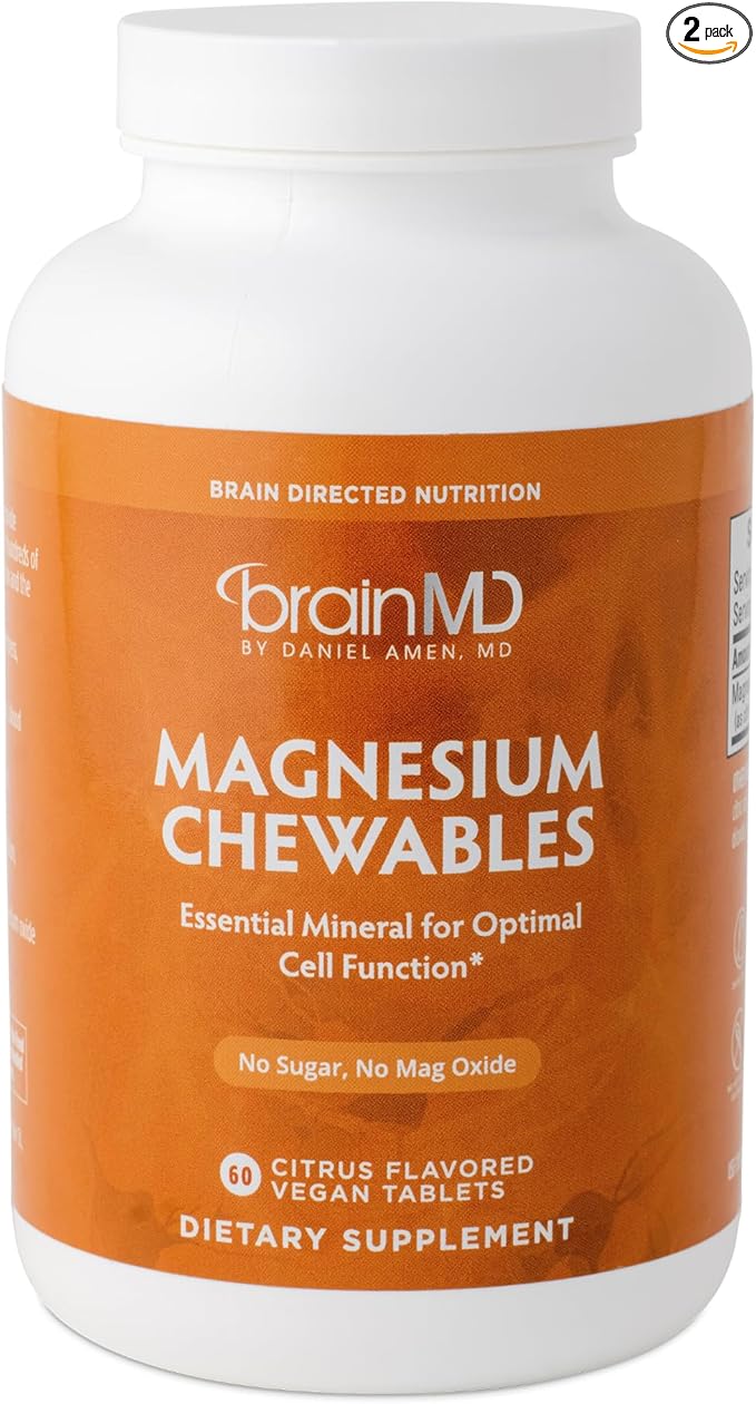 BRAINMD Dr Amen Magnesium Chewables Citrus - 60 Chewable Tablets Pack of 2 - Essential Mineral for Optimal Cell Function - Gluten Free - 120 Total Servings