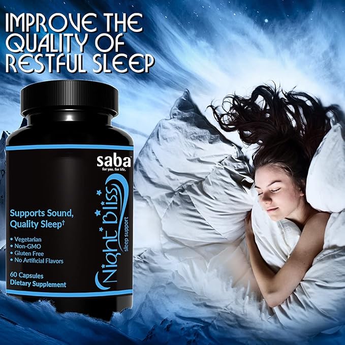 Saba Night Bliss Natural Sleep Aid | Non-Habit Forming | Sleep Supplement for Longer Sleep &amp Stress Relief w/Magnesium Melatonin GABA Chamomile &amp Valerian (60 Vegan Capsules 30 Day Supply