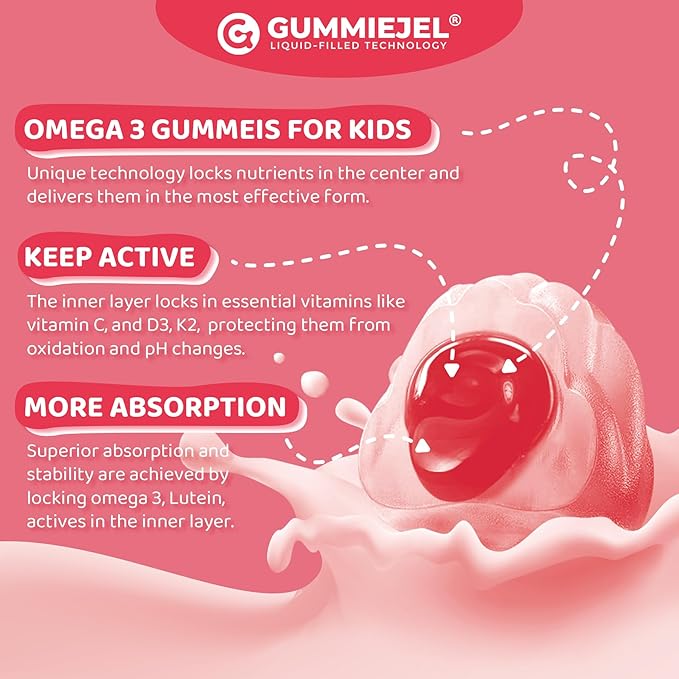 Kids Omega 3 Gummies for 4+ with DHA Vitamins D3 K2 C B6 Methyl B12 Luetin &amp PS No Fish Taste Sugar Free Omega 3 Fish Oil Alternative for Children for Brain Bone Eyes Focus Immunity 60Cts