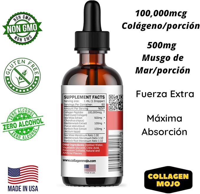 Colageno Hidrolizado para Mujeres y Hombres con Musgo Marino Raíz de Bardana y Bladderwrack. para el Cabello Piel Uñas y Articulaciones. Control de Peso y Refuerzo de inmunidad. 2 oz.