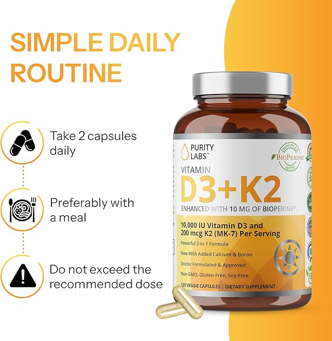 Purity Labs Vitamin D3 K2 10000 IU (250mcg) D3 + 200mcg K2 MK7 - Immune Support Supplement Enhanced with Bioperine - Supplements for Daily Defense Bone Muscle &amp Skin Health - 120 Capsules