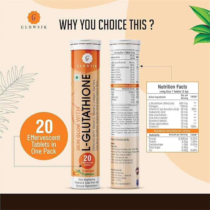 Glowsik Glutathione Effervescent Tablets for Skin Health 600mg Glutathione Reduced with Vitamin C for Lightening Antioxidants Supplements for Glowing Skin Health Orange Flavour (4 Orange)