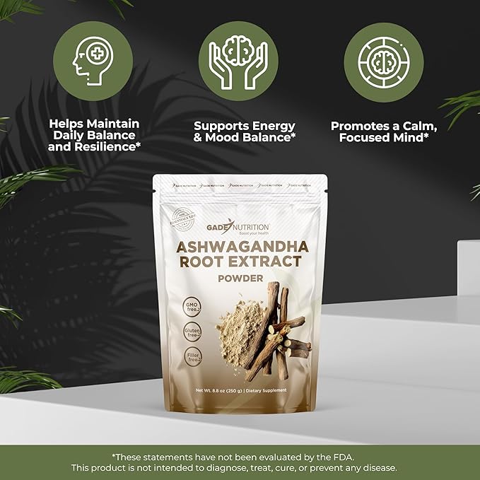 Gade Nutrition Pure Ashwagandha Root Extract Powder | Non-GMO Gluten-Free Dairy Free &amp Vegan 250g (8.8 oz) 600mg per Serving 417 Servings | USA Made