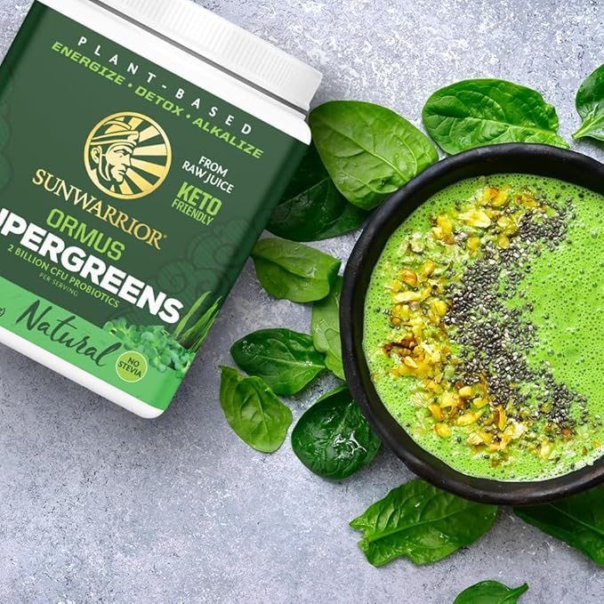 Sunwarrior Organic Greens Probiotic Powder &amp Plant Based Protein Powder Set | Bundle &amp Save | Ormus Supergreens Plus Vegan Organic Warrior Blend (30 Servings Protein 45 Servings Greens)