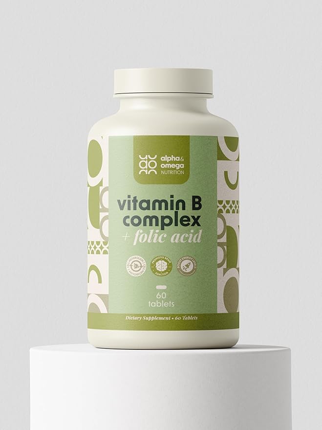 Alpha &amp Omega Nutrition Vitamin B-Complex + Folic Acid Support Neurological Health Energy Levels &amp Nervous System Support Vitamin B12 Biotin &amp More - 60 Tablets 2 Mo Supply