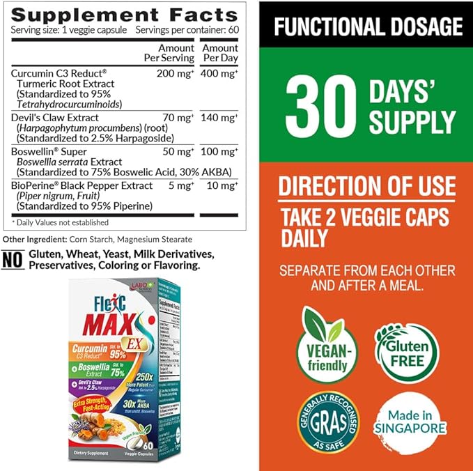 LABO Nutrition FlexC MAX EX with Turmeric Curcumin C3 Reduct 95% Tetrahydrocurcuminoids Bioperine Boswellia Extract &amp Devil’s Claw Effective Antioxidation Joint &amp Body Discomfort Relief x2