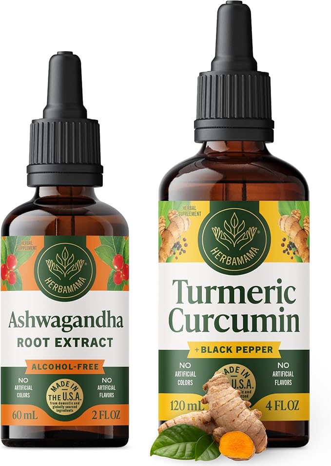 HERBAMAMA Herbal Liquid Drops Kit - Bundle of Ashwagandha Root Extract &amp Turmeric with Black Pepper Tincture 2 fl oz - Vegan Non-GMO Sugar &amp Alcohol-Free - 2 Pack