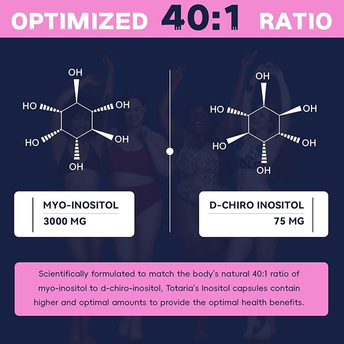 Totaria Inositol Supplement for Women with Vitamin D3 Folate 40:1 Ratio Myo-Inositol &amp D-Chiro Inositol Complex (Vitamin B8) Inositol Capsules 180 Capsules 60 Servings 2 Month Supply