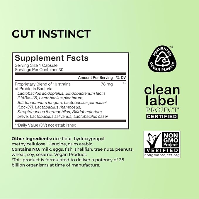 HUM Gut Instinct Daily Probiotics for Women and Men Digestive Health Lactobacillus Bifidobacterium Strains for Immune Support Probiotic Supplement for Healthy Gut Diversity 30 Capsules