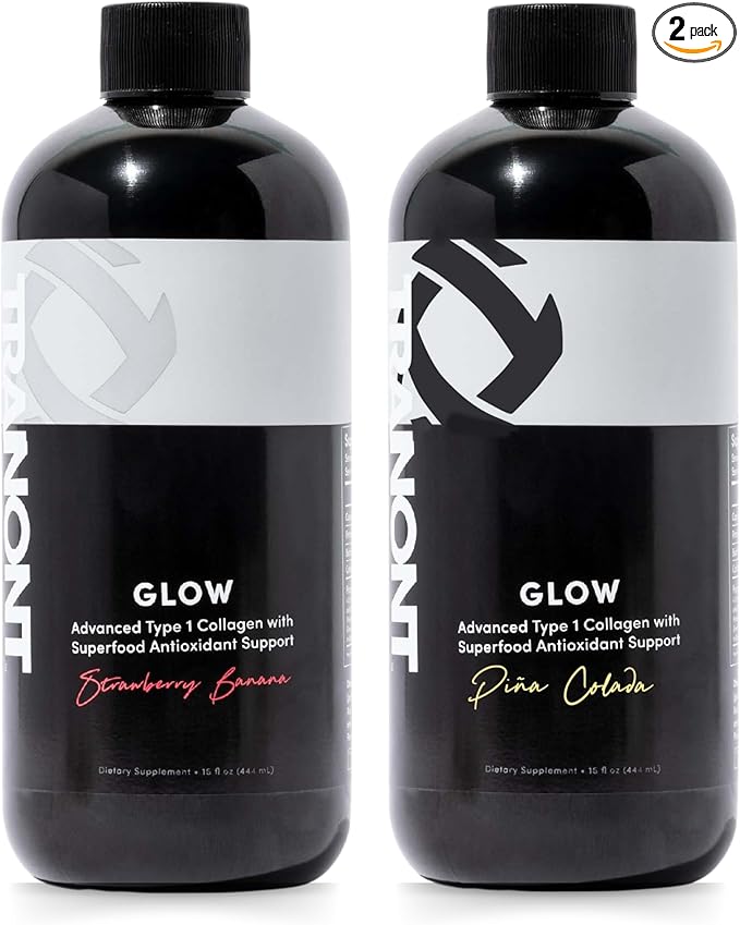 Tranont Glow Liquid Collagen for Women | Multi Collagen Peptides with Hyaluronic Acid &amp Biotin | Hair Skin &amp Nail Support | Hydrolyzed Collagen Shot | Strawberry Banana &amp Piña Colada | 30