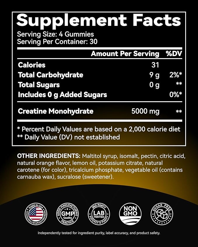 Creatine Monohydrate Gummies for Men &amp Women 5000 mg 3rd Party Tested Creatine Chews for Muscle Growth Strength &amp Energy Support Sugar Free Vegan 120 Count Orange Lemon