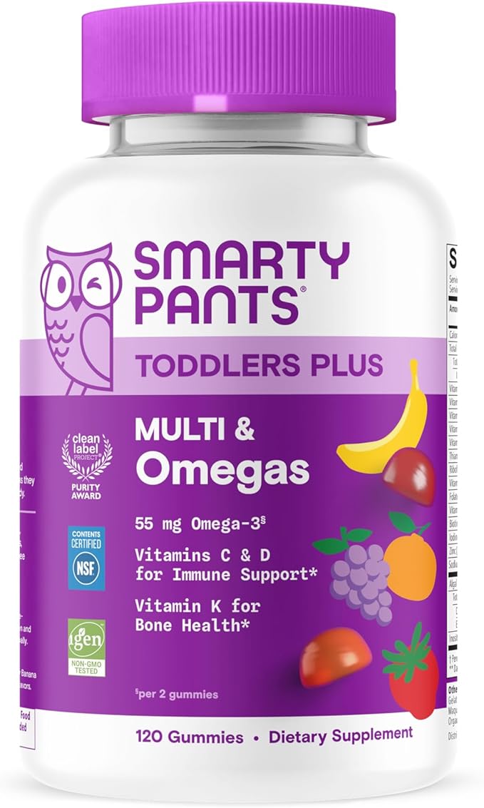 SmartyPants Toddler Multivitamin Gummies Omega 3 (DHA/EPA) Vitamins D3 C Vitamin B12 B6 A K &amp Zinc Biotin Gluten Free Three Fruit Flavors 120 Count (60 Day Supply)