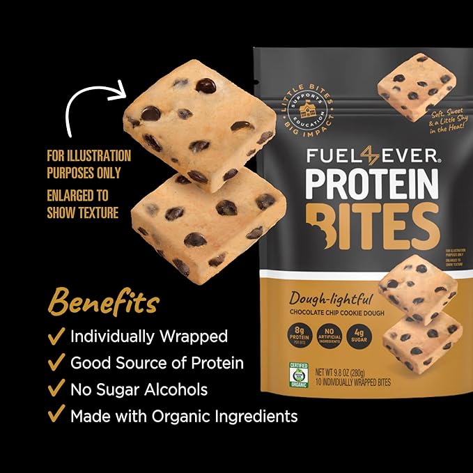 Fuel4Ever Protein Bites Chocolate Chip Cookie Dough | 8 G Protein Each | Certified Organic | 10 Individually Wrapped Bites