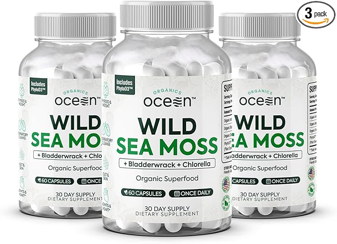 Organics Ocean Wild Sea Moss Capsules - 100% Organic Irish Sea Moss with Organic Chlorella Bladderwrack and Vitamin D for Energy Lung Health and Thyroid Support for Women and Men - 3 Bottles