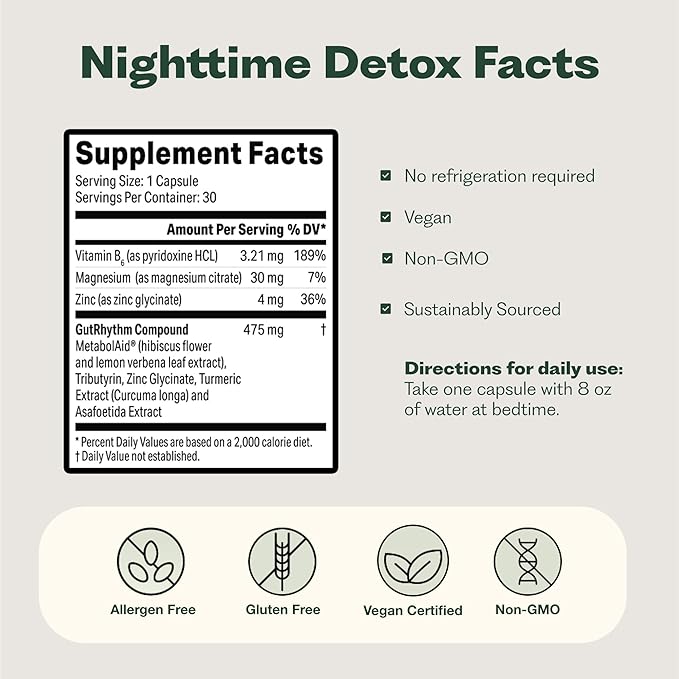 GutRhythm Nighttime Recovery Overnight Digestive &amp Sleep Aid Supplement with Vitamin B6 Melatonin Magnesium &amp Zinc | Supports Gut Health &amp Promotes Restful Sleep | Vegan 30 Servings
