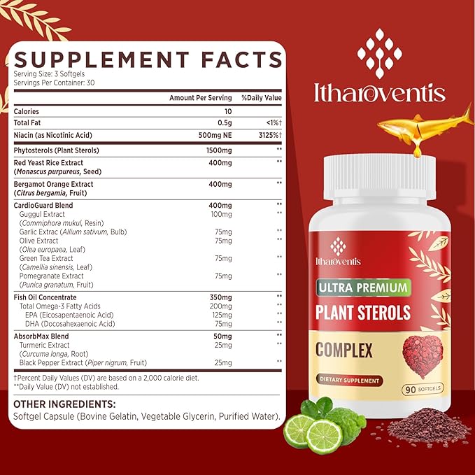 Cholesterol Supplements with Plant Sterols Niacin Red Yeast Rice Bergamot Omega-3 &amp Garlic - Advenced Absorption Formula - 90 Softgels