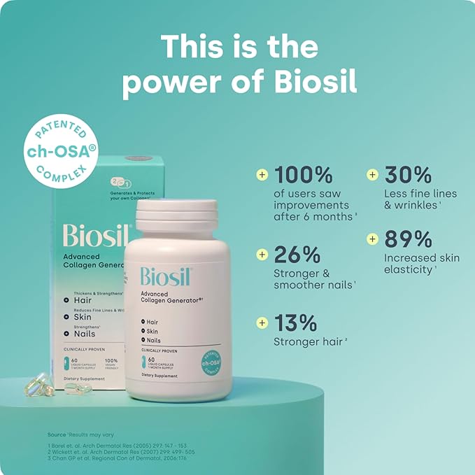 Biosil Collagen Booster Supplement - 60 Vegan Capsules - Patented ch-OSA Activator for Skin Hair Nails &amp Joints - Supports Natural Production - 30-Day Supply