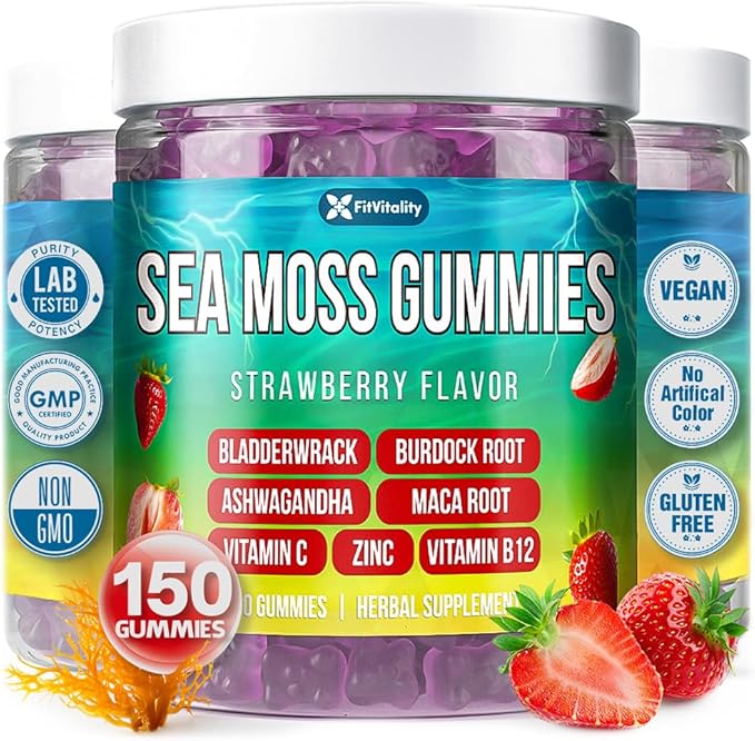 150 Sea Moss Gummies | 9-in-1 Formulation with Irish Sea Moss Ashwagandha Burdock Elderberry Bladderwrack Maca Zinc B12 | Energy &amp Immune Support | Strawberry Flavor Vegan Gummies