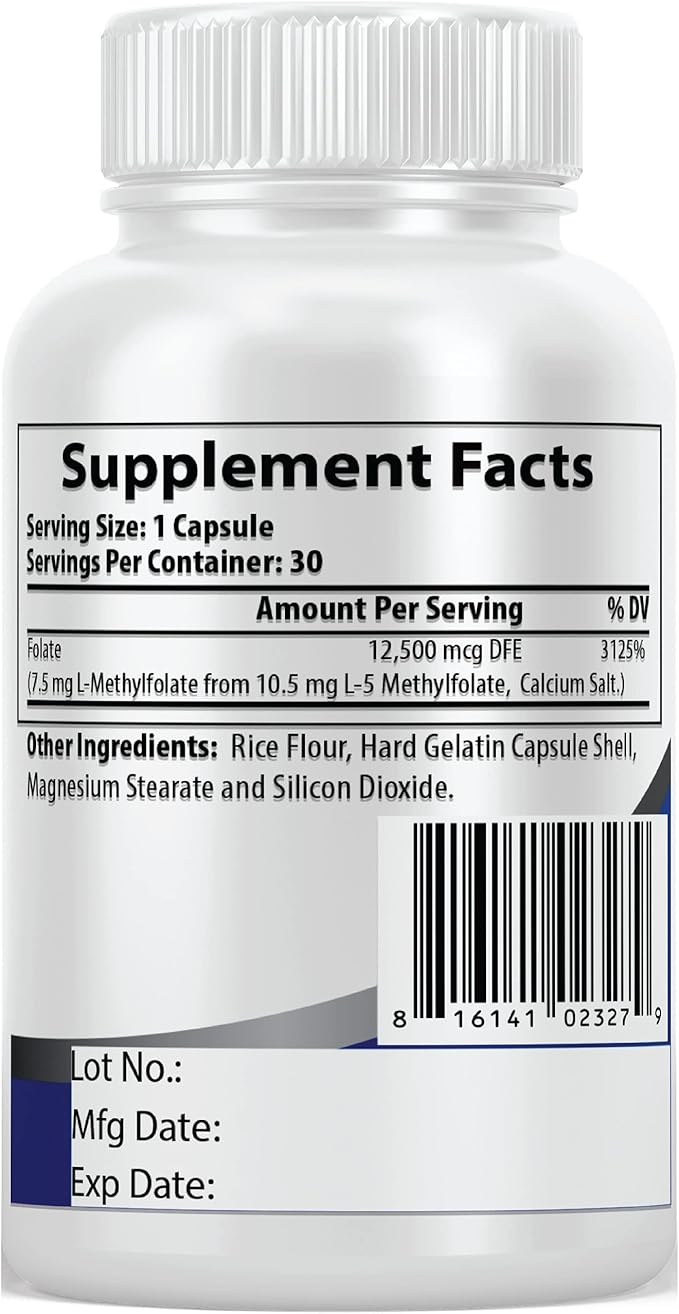 Pacific Nature's L-Methylfolate 7.5mg (30 Capsules) Natural Active Form of Folate for Overall Health Support - Gluten Free Non-GMO