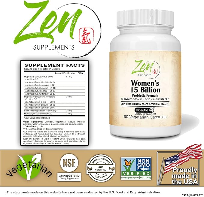 Zen Supplements - Womens 15 Billion Multi-Probiotic - Supports Urinary and Vaginal Health with Lactobacilli &amp Bifado Blended Strains Survives Stomach Acid Shelf Stable 60-Vegcaps