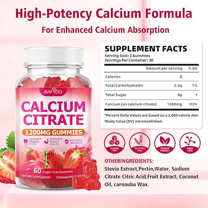 2 Packs High Absorption Calcium Citrate Gummies 1200mg - Bone &amp Teeth Support for Adults &amp Kids Vegan Sugar-Free Gummies Strawberry Flavor 120 Count