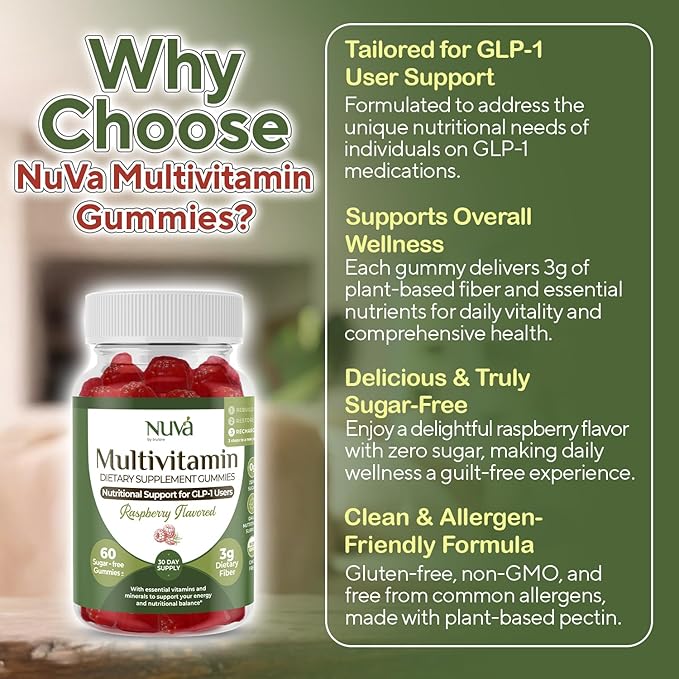 NuVa GLP-1 Support Multivitamin Gummies for Men &amp Women: Raspberry Sugar-Free 3g Fiber for Digestion &amp Gut Health Vitamins &amp Minerals for Metabolic Balance Gluten-Free 60 Gummies - 30