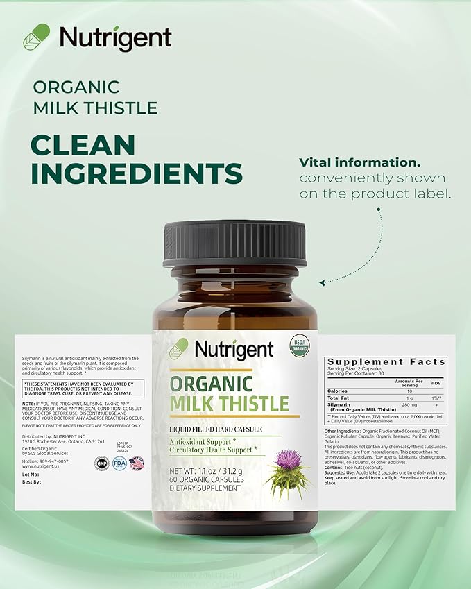 USDA Organic Milk Thistle Supplement Silymarin Supplement 280 mg Liquid Organic Capsules Liver Health &amp Detox Support Non-GMO 60 Count