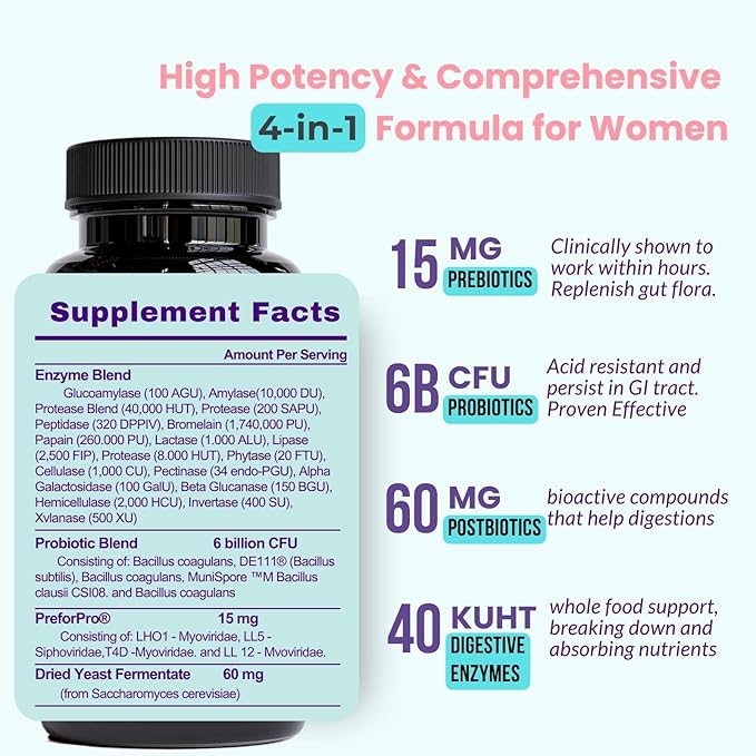 Digestive Probiotic Prebiotic Postbiotic &amp Enzyme for Women Complete Gut &amp Whole Food Digestive Support Supplement Shelf Stable Advanced Pre/Pro/Postbiotic 60 Capsules