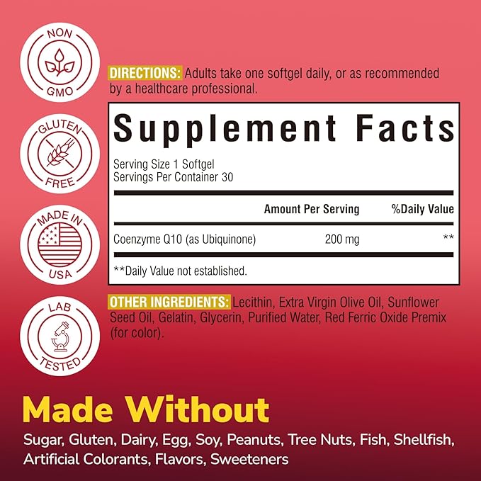 CoQ10 200 mg with Extra Virgin Olive Oil High Absorption CoQ10 Ubiquinone Max Potency Heart &amp Cellular Energy Support Powerful Antioxidant Easy to Swallow Once Daily 30 Softgels