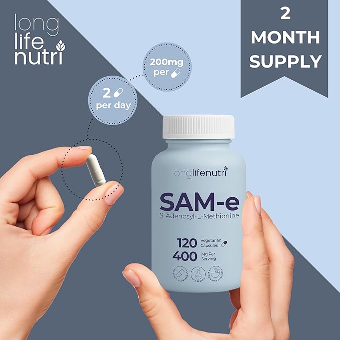 LongLifeNutri SAM-e 400mg – 120 Vegetarian Capsules Methylated S-Adenosylmethionine for Joint Mobility &amp Flexibility 2-Month Supply No Fillers GMP Certified Made in USA