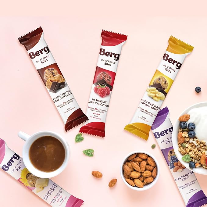 Berg Oat N' Energy Bites - Dark Chocolate Banana Bread - Non-GMO Gluten Free Dairy Free Soy Free and Vegan - Clean Energy Snack - 1.5oz (8 Pack)