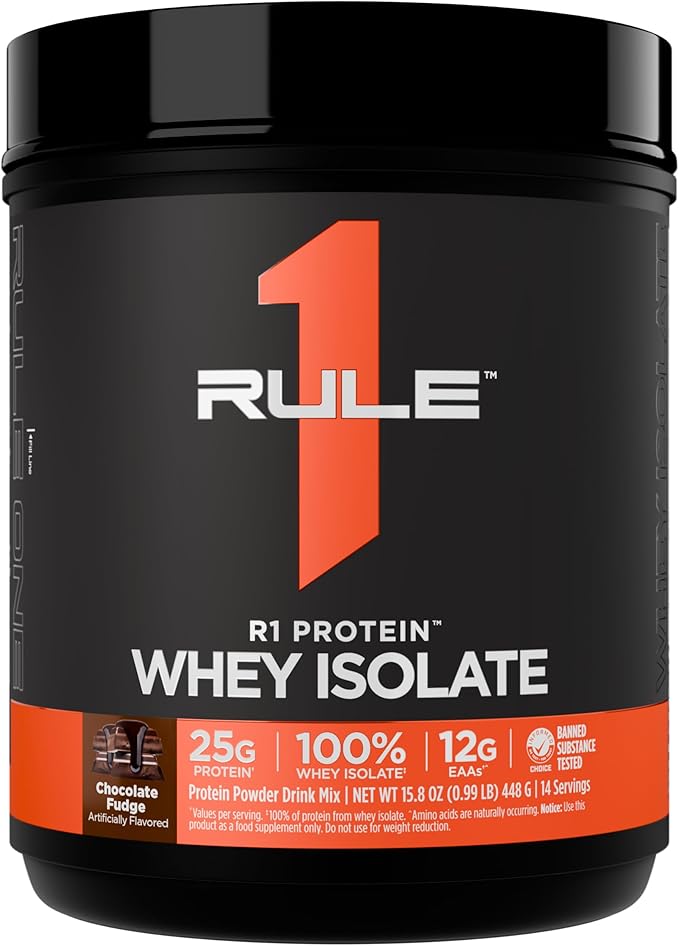 Rule 1 R1 Protein Whey Isolate - with 25g Protein &amp 6g BCAA Exclusively from Isolated &amp Hydrolyzed Sources for Workout Recovery (1 Pound* Chocolate Fudge)