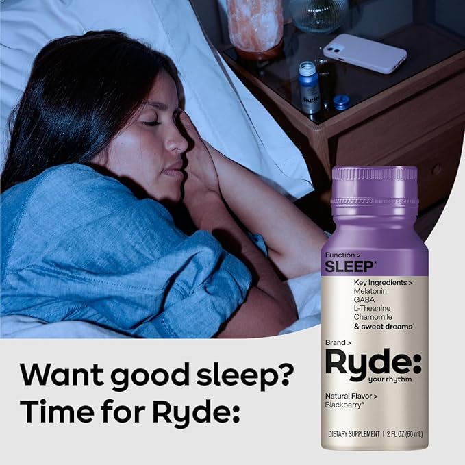 Ryde: SLEEP | 2oz Sleep Shot for Occasional Use | Melatonin GABA L-Theanine &amp Chamomile | Blackberry Natural Flavor | Sugar-Free Zero Calories Vegan | Manufactured in USA (8 Pack)
