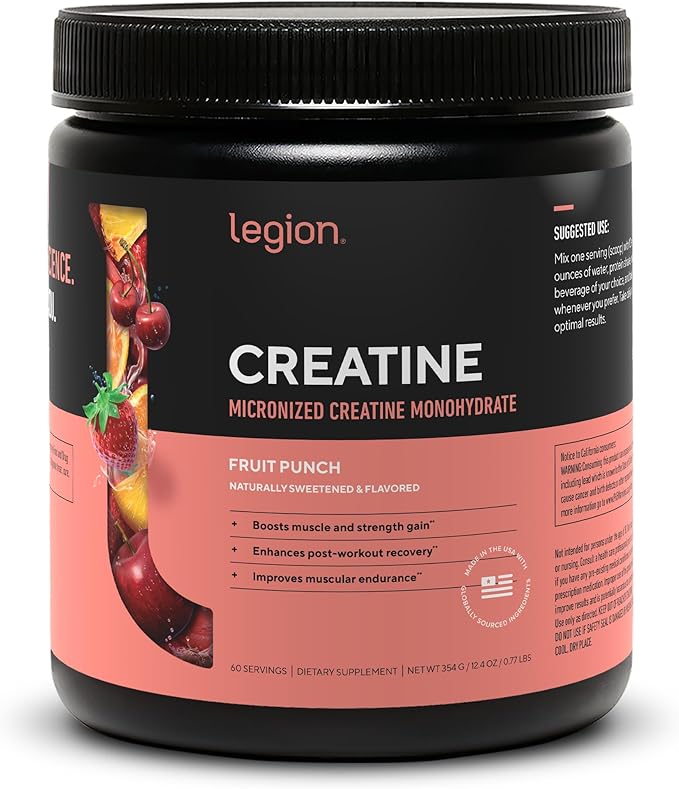 LEGION Micronized Creatine Monohydrate Supplement - Clean Creatine Powder for Muscle Gain &amp Post Workout Recovery - Micronized Creatine Supplement for Maximum Absorption (60 Servings Fruit Punch)