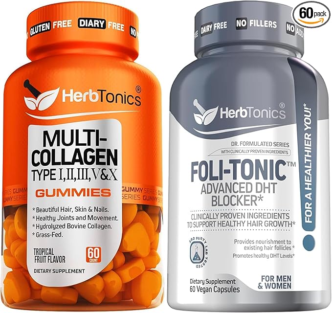 Herbtonics Multi Collagen Gummies Type 1235 &amp 10 with Biotin for Hair Growth Skin Nails - Foli-Tonic DHT Blocker &amp Hair Loss Supplement | Hair Thinning Treatment &amp Promotes Healthy Th
