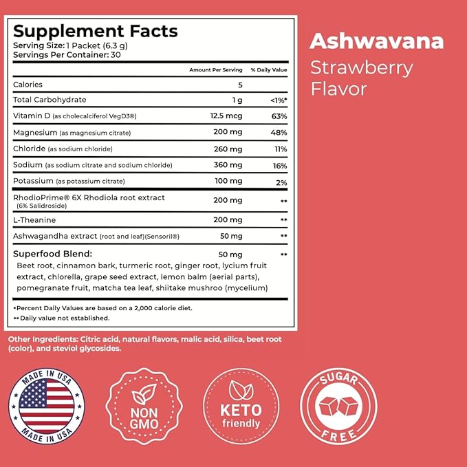 ASHWAVANA Zen Relax Drink Mix - Nootropic Adaptogen-Infused Ashwagandha Beverage - Rhodiola Magnesium L-Theanine - Restore &amp Unwind - Alcohol Alternative - Strawberry Flavor - 30 Count (Pack of