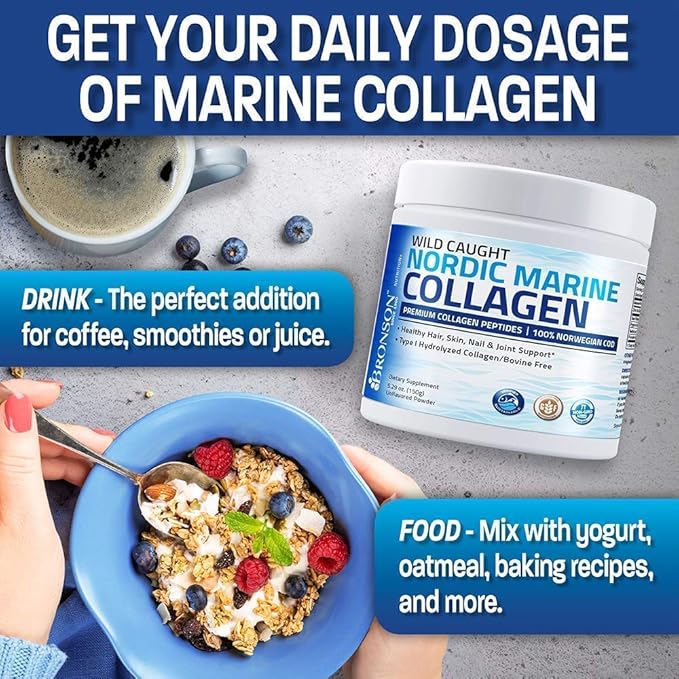 Bronson Marine Collagen Peptides Hydrolyzed Protein Powder + Ultra Biotin 10000 Mcg Hair Skin and Nails Supplement