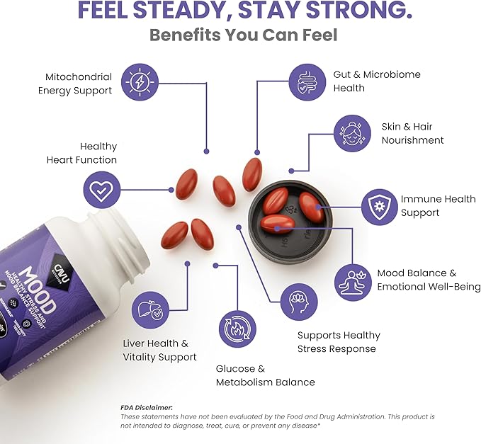 Mood Support Supplement with Full-Spectrum Cold Pressed Black Seed Oil with 3% Thymoquinone | Stress Emotional Balance &amp Serotonin Support Brain Supplement for Men &amp Women 60 Softgels