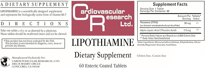 Cardiovascular Research Lipothiamine Vitamin B1 with Alpha-Lipoic Acid Tamper Resistant Tearstrip Shipping Box 120 Count