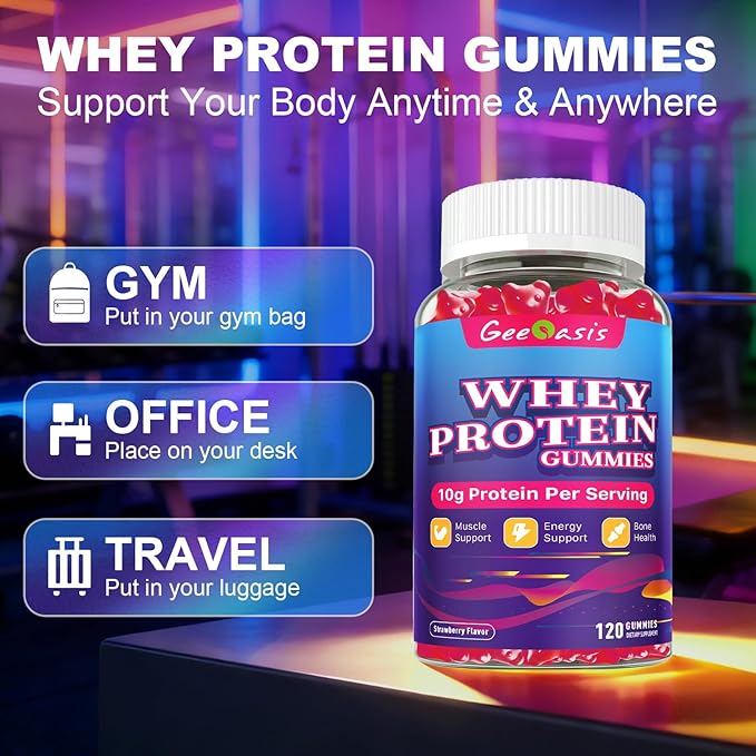 Whey Protein Gummies 10g Protein Chewables Supplements for Women &amp Men Muscle &amp Energy Support Bone Health Strawberry Flavor 120 Count