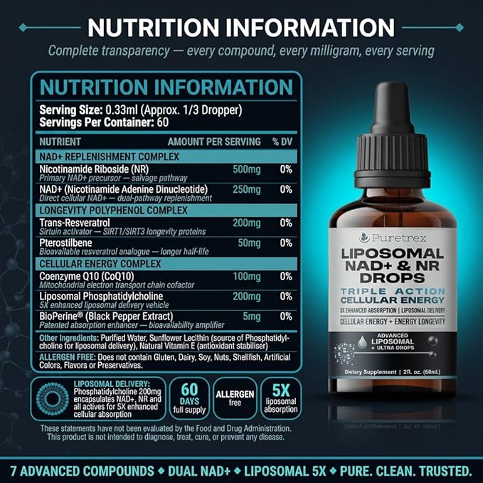 Liposomal NAD+ &amp NR Drops Liquid Liposomal Delivery Advanced Ultra Drops 60mL (2 fl oz)
