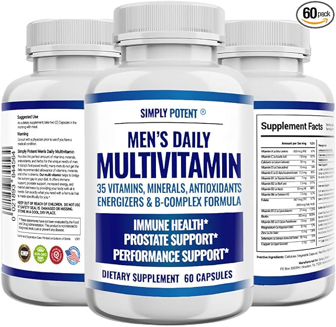 Simply Potent Daily Multivitamin for Men 35 Vitamins with Minerals &amp Antioxidant Vitamins A C D E Biotin B12 Folate Zinc Magnesium &amp Saw Palmetto for Energy Focus Immune &amp Prostate He