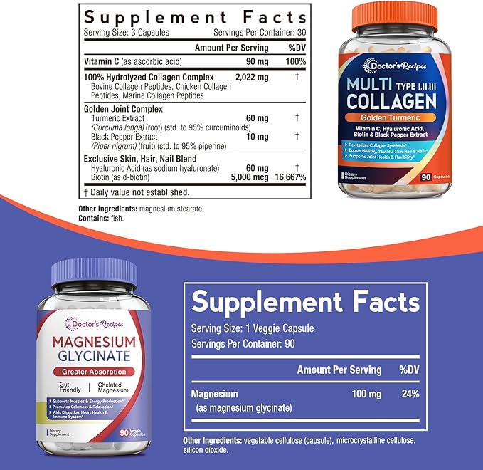 Doctor's Recipes Multi Collagen Complex &amp Magnesium Glycinate Bundle Whole Body Rejuvenation Relax &amp Relief Collagen Capsules 90 ct &amp Magnesium Capsules 90 ct