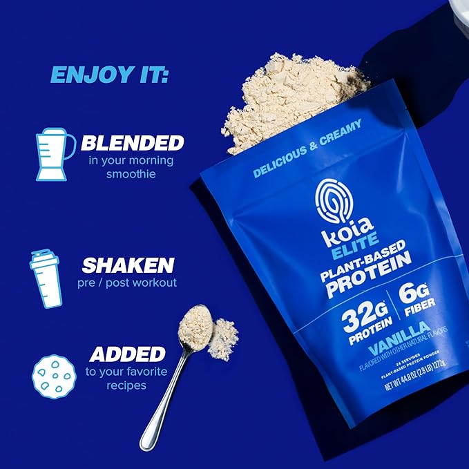 Koia Plant Based Protein Elite Powder Vanilla 32g Protein 4g Sugar 6g Prebiotic Fiber Pre &amp Post Workout 21 Vitamins &amp Minerals Dairy-Free Gluten-Free Non-GMO 24 Servings 44.8 Oz