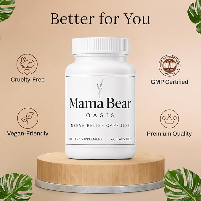 Mama Bear Oasis Nerve Support Capsules for Neuropathy - Advanced Nerve Vitamins &amp Repair Formula - Mobility Boost &amp Calm Blend - Regeneration Health Supplements - Neuropathy &amp Recovery Cap