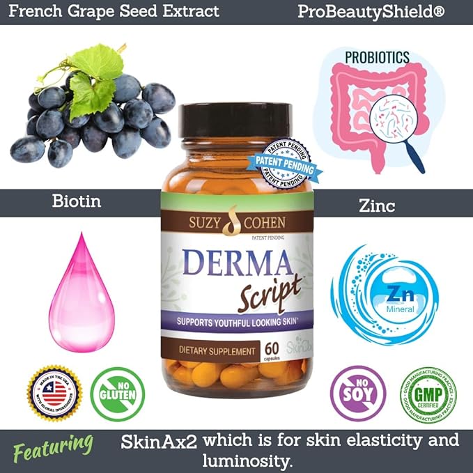 Script Essentials DermaScript Clear Skin Probiotic- Skin Care Routine Supplement - Biotin Face Supplemnt - Fights Acne Dryness Irritation and Rashes (60 Capsules)