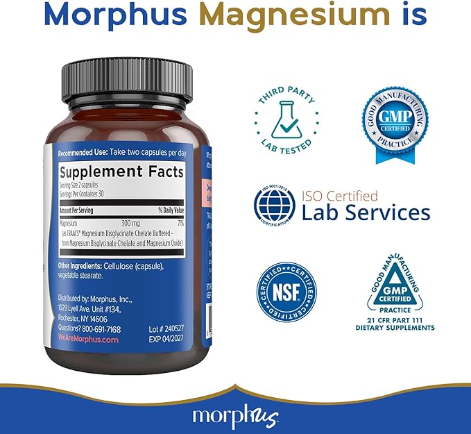 Morphus Magnesium Bisglycinate Chelate 300mg Supplement | 60 Capsules | Helps Women with Perimenopause &amp Menopause Symptoms | Restful Sleep De-Stress Relaxes Muscles &amp Nerves | Fast Absorpti