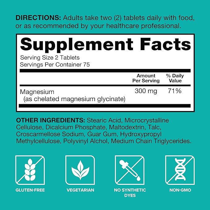 Qunol Magnesium Glycinate 300mg 100% Glycinate Chelated Magnesium Supplement 150ct Tablets